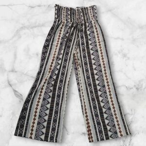 NWT Womens Wide Leg Pants High Elastic Waist Adjustable Knot Vaca Boho Geo Print